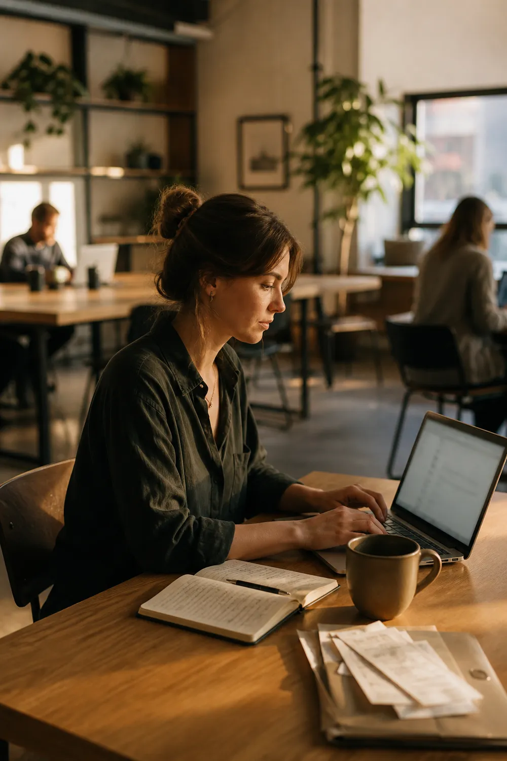 Freelancer reviewing overdue invoices on a laptop with a notebook and coffee